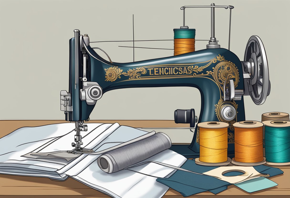 A sewing machine on a table with fabric, scissors, and thread. A book titled "Técnicas Básicas de Costura" open to a page on beginner stitches