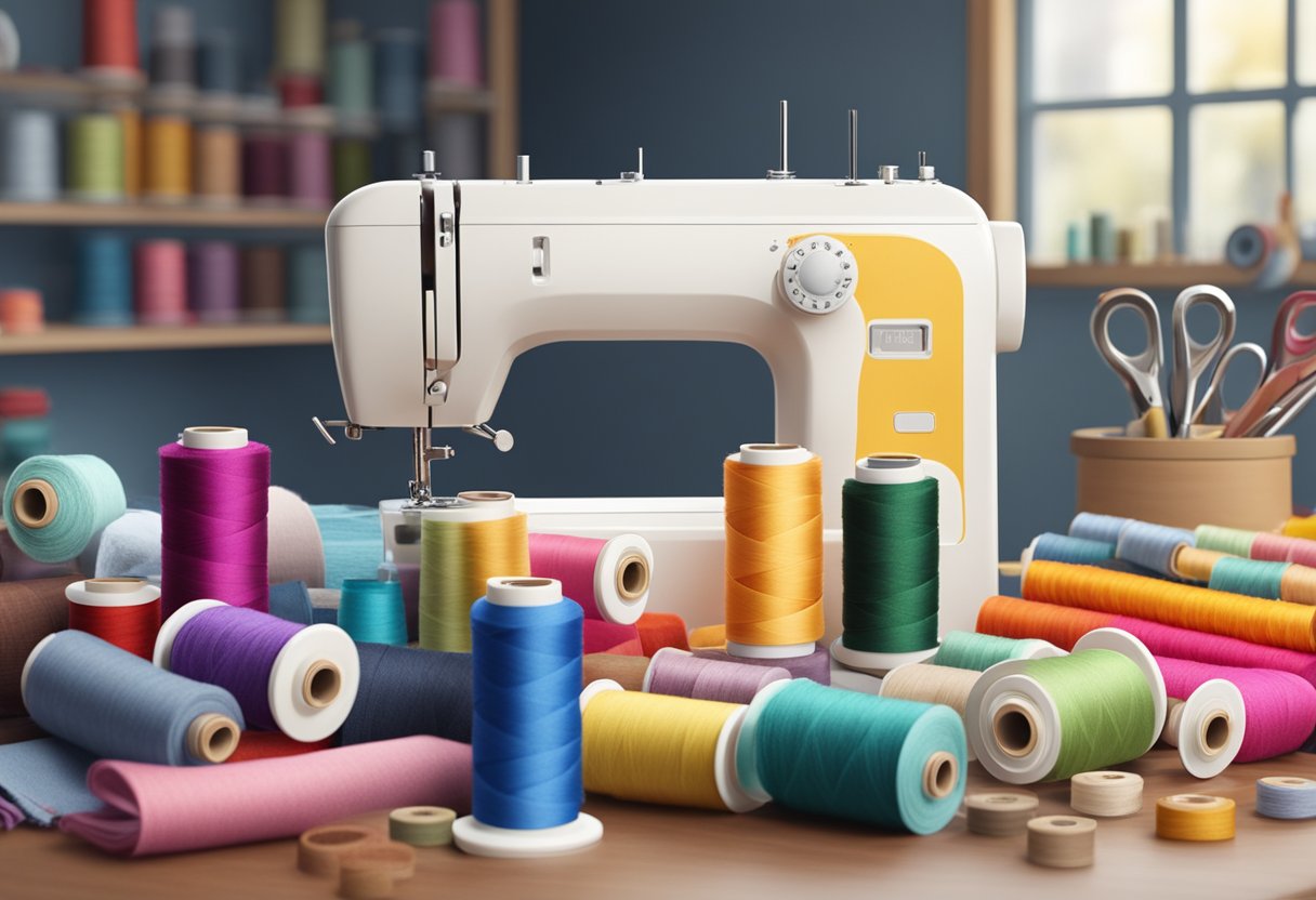 A sewing machine surrounded by colorful spools of thread, fabric swatches, and various sewing tools on a clean, well-lit work surface